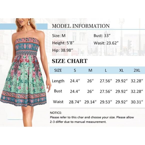 Women Green Pink Boho Strapless Off Shoulder Cover Ups Casual Beach Sundress - Picture 6 of 6